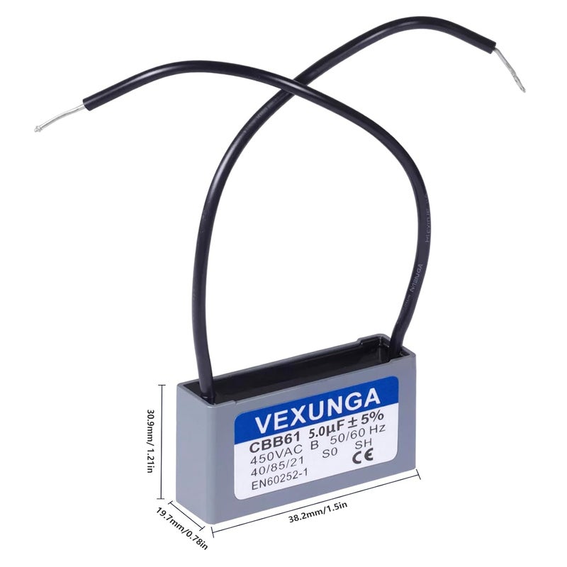 VEXUNGA CBB61 Fan Capacitor 5uF 450 Volt Ceiling Fan Capacitors Replacement 5MFD 450V AC 450VAC 50/60Hz 2Wire for Fans Motor Start Run (2Pcs) - Image 2